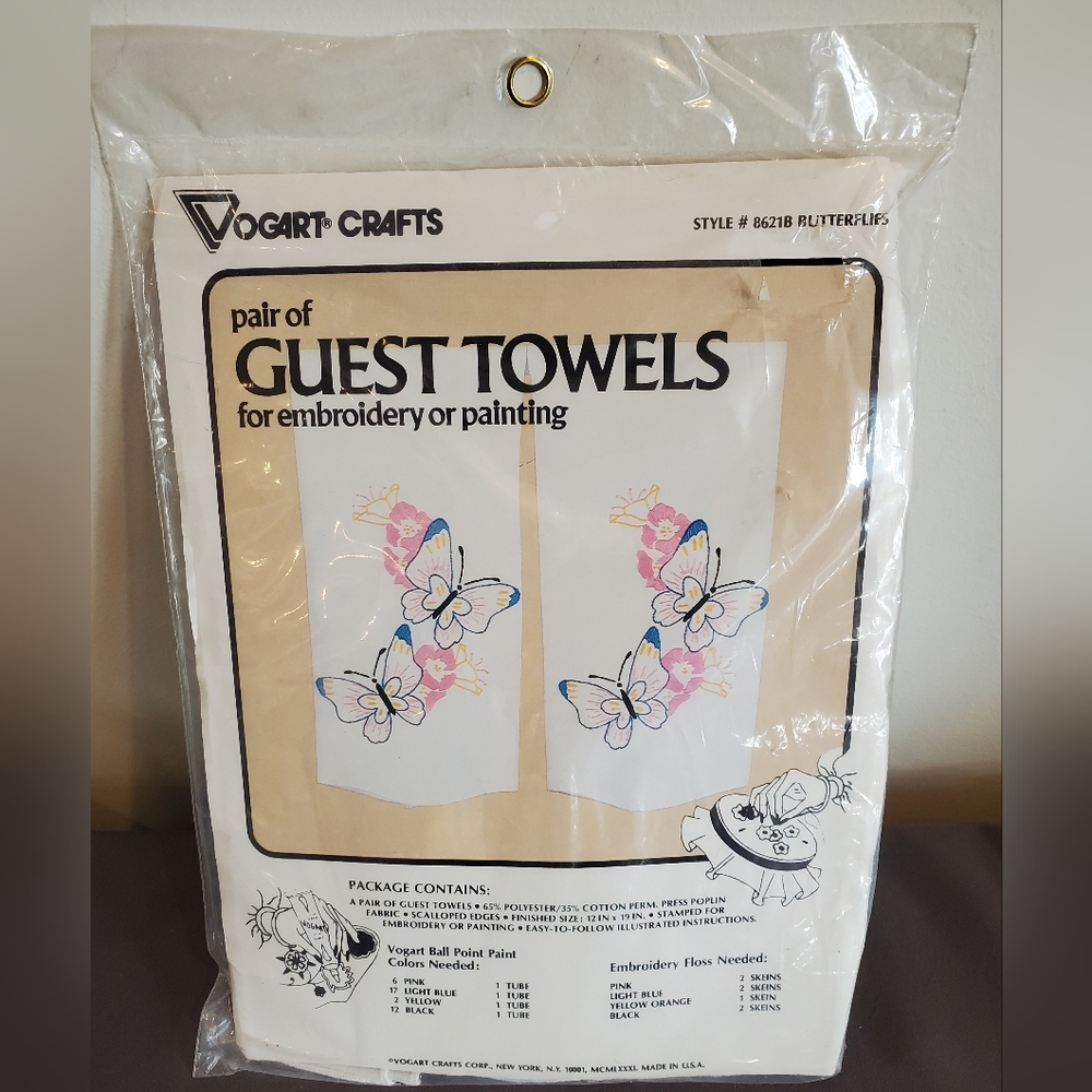 Vintage Vogart Crafts Guest Towels  Embroider Paint Butterflies Style #8621B